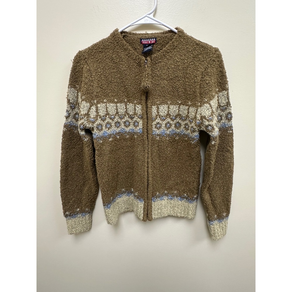 Mac & Jac Mohair Blend Boucle Zip Up Fair Isle Cardigan Sweater Brown XS